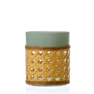 Teelichthalter Bambusgeflecht Windlicht Teelichtglas H: 8,3cm mintgrün