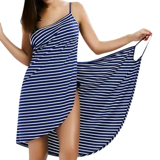 LumiSyne Strandkleider Damen Bikini Cover Ups Mode Streifen Badeanzüge Ärmellos Wickelkleid Sexy V Ausschnitt Strandponcho Pareos Lose Stil Strandrock,Schmale Fransen Dunkelblau,M - M