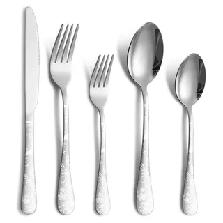 Besteck Edelstahl rostfrei Set für 4 Personen, Cutlery Set inkl Messer, Gabel, Löffel, Besteck Spiegelpoliert Spülmaschinenfest Camping Besteck ... - Silber