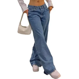 DSXH Gerade Bein Hosen Denim Hosen Vintage Lose Blau Gewaschen Mom Jeans Low Rise Jeans Frauen lose Jeans (Blau, S) - S