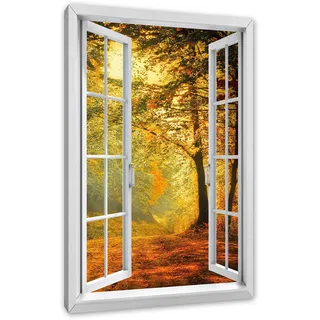 Pixxprint Wald im Herbst, Fenster, Größe: 120x80cm, Leinwandbild, fertig gespannt, Wandbild, Dekoration, Kunstdruck, kein Poster