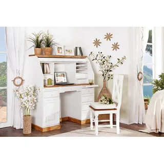 Großer Sekretär Schreibtisch MEXICO Weiß / Natur, Shabby Chic, Pinie massiv