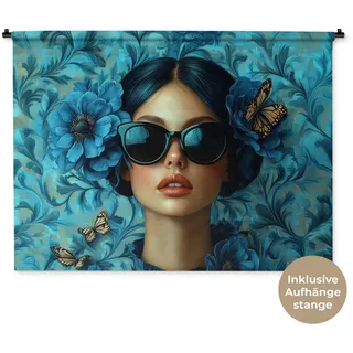 MuchoWow Wandteppich Frau - Blumen - Schmetterlinge - Blau - Abstrakt, Rechteckig, Höhe: 3 mm, Wanddeko Teppich Wohnzimmer, Schlafzimmer, 120x90 cm blau Rechteckig | 120 cm x 90 cm x 3 mm