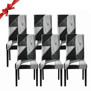 Jaotto Stuhlhussen 6 Stück Universal, Stuhlhusse Stretch 6er Set Moderne, Stuhlhussen Schwingstühle Elastische Langlebig Stuhlhussen für Esszimmer Bankett Deko(Schwarze Geometrie,6 Stück)