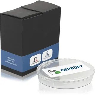 Geprüft Aufkleber 60 x 30 mm – 250 Prüfetiketten im Spender | 250 Etiketten mit dem Aufdruck GEPRÜFT und Piktogramm, Format 60 x 30 mm, im Spenderkarton zur Entnahme mit einer Hand.
