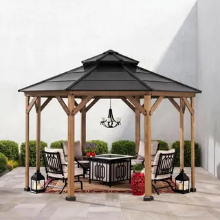 SUNJOY 4,3x4,3 m achteckiger Holzpavillon mit 8 Pfosten aus Zedernholz, Hardtop 2-stufiges Stahldach, Schnee- & UV-beständig, dauerhafter Outdoor-Pavillon für Schatten, Garten & Terrasse