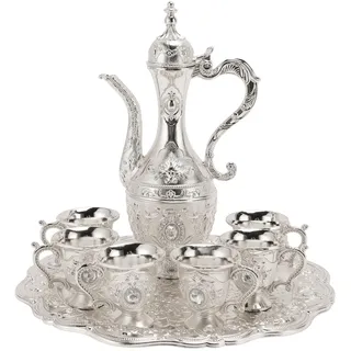 Türkisches Teeservice, Türkische Vintage Kaffeekanne mit 6 Kaffeetassen und Teetablett, Weintopf Set aus Zinklegierungsmetall, Europäischer Weinglaskrug für Zuhause, Teeparty,