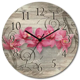 ARTLAND Wanddeko Wanduhr ohne Tickgeräusche aus Holz Quarzuhr lautlos rund Ø 30 cm rosa Orchideen auf Ornamenten U1QT Blumen Pflanzen Orchidee