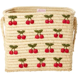 Rice, Spielzeugaufbewahrung, - Raffia Square Basket with Small Cherries Embroidery - Red - 30 cm x 30 cm x 25 cm