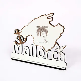 Schild MALLORCA - zum Hinstellen - Aufsteller mit Inselumriss Palme Anker Möwe weiß graviert 20 x 17 cm