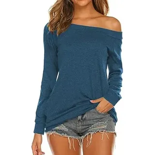 Rongseng Langarmshirt Damen Schulterfrei Oberteil Elegant Langarm Top Sexy Off Shoulder Pullover Casual Longshirt Bluse Tunika Trendy Tshirt Sweatshirt - L