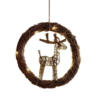 Dekoleidenschaft Dekokranz "Rentier" aus Zweigen mit LED Beleuchtung groß Ø 44cm, Natur Wandkranz, Weihnachtsdeko, Weihnachts Türkranz zum Aufhängen, Naturkranz beige