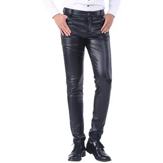 DUOLUNJINDUN Herren Slim Fit Hose aus PU Leder Elastisch Bikerhose Lederjeans für Winter Winddicht und Wasserdicht Schwarz - 38W