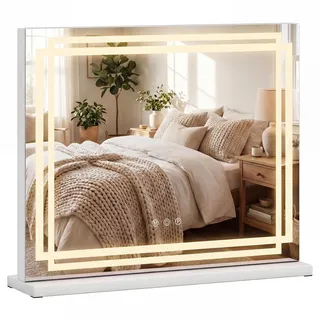 COSTWAY LED Beleuchteter Schminkspiegel, Hollywood Spiegel mit 3-farbigen dimmbaren Modi & Smart-Touch-Steuerung, Kosmetikspiegel für Schminktisch & Schlafzimmer (58 x 12 x 48 cm)