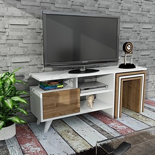 moebel17 2237 Nature TV Board Lowboard Fernsehtisch Weiß Walnuss, Holz, mit integrierten Beistelltischen 3er Set, viel Stauraum, 120 x 29,5 x 49 cm