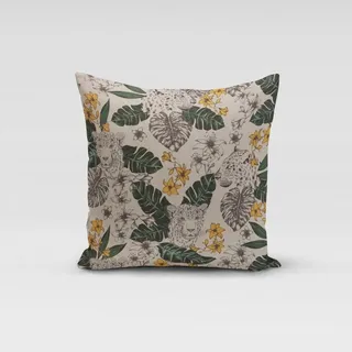 SCHÖNER LEBEN. Dekokissen Kissenhülle Blätter Leopard Dschungel natur grün gelb 40x40cm, handmade beige|gelb|grün quadratisch | 40 cm x 40 cm