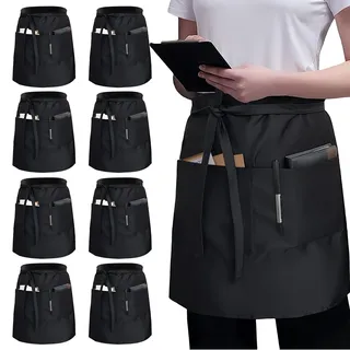 BORDEAG Kellnerschürze,8 Stück 55 * 86CM Schwarz Taillenschürze Mit 3 Taschen,Taillenschürze Schwarz,Kellner Schürze,Kurze Küchenschürze Für Cafe,Restaurant,Küche,Bar,Kellner,Bäcker - 55 cm x 86 cm