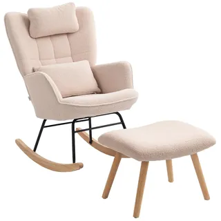 HOMCOM Schaukelstuhl mit Hocker Gepolstert mit Lendenkissen Beige | Schaukelsessel, Schwingsessel, Kopfstütze, Relaxsessel, Fleece-Bezug, Hoher Rückenlehne, Schwingstuhl, für Wohnzimmer