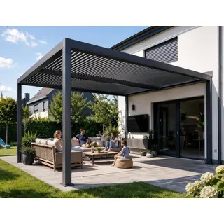 PURPLE LEAF Pergola 3.33 x 4 m mit Lamellendach Terrassenüberdachung Hardtop Pavillon Wasserdicht Stabil Winterfest Freistehend Verstellbaren Aluminium-Lamellen für Terrasse, Grau
