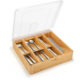 OOFAYBILL Bambus-Schubladen-Organizer für Utensilienhalter, Besteckkasten für Schublade, Holz, Küchenschublade mit Deckel für Besteck, (WOD-B)