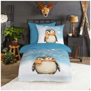 TRAUMSCHLAF Bettwäsche Pinguin, Flanell, 2 teilig, besonders weich und warm blau