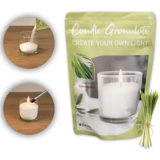 Kerzensand Kerzengranulat/Wachsgranulat im Beutel inkl. 4 Dochte - 400 g - mit Duft oder ohne Duft - universal einsetzbar - Gläser recyceln (Lemongrass)