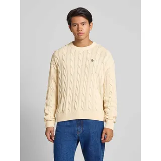 Strickpullover mit Zopfmuster und Label-Stitching, Ecru, XS