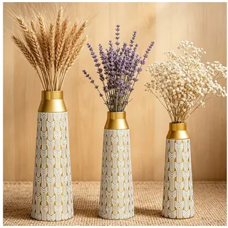 BlingBin Bodenvase Bodenvase 3er Set, Metall Vase mit Geometrischem Muster, 42/51/61 cm (3er Set, 3 St., Groß: 20x20x61cm, Mittel: 17x17x51cm, Klein: 15x15x44cm), Dekovase für Wohnzimmer, Esszimmer, Trockenblumen & Pampasgras, Weiß weiß