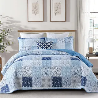 Menghomeus Blaues Bettwäsche-Set für King-Size-Bett, Boho-Patchwork-Tagesdecke, Blumenmuster, wendbar, für alle Jahreszeiten, weiche Mikrofaser, Bauernhaus-Bettwäsche, 264,2 x 228,6 cm