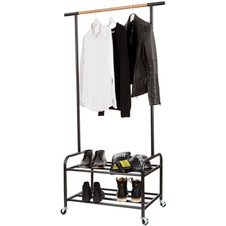 LOVE IT STORE IT Loft Kleiderständer auf Rollen - Garderobe mit 1 Kleiderstange und 2 Ablagen im Industrial Style - Stabil - Schwarz/Holz-Optik