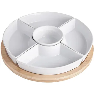 BUTLERS Set Snackschalen & Dipschalen | 5 Porzellan Schalen mit rundem Teller aus Bambus Ø26cm -APPETIZER- Servierschalen Set für Snacks, Fingerfood, Obst | Snackteller mit Fächern