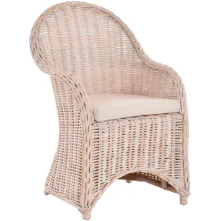 Rattan-Sessel  Esszimmersessel Korb-/ Flechtsessel (Vintage Weiss, mit Kissen)