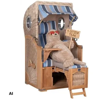 MR.DEKO Strandkorb 1-Sitzer Single Teak Shell Volllieger mit Bullaugen, BxTxH: 96x80x165 cm, Vollieger, Düne Single, (Fertig montierter Strandkorb für Garten, Terrasse & Balkon, 1-tlg), Wetterfester Volllieger mit Edelstahlbeschlägen & waschbaren Polstern blau