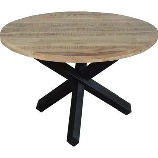 Runder Esszimmertisch 140 cm Runis, Mangoholz massiv & naturfarben, Esstisch im Used-Look, schwarzer Metallfuß in Sternform, aufgedoppelte Tischpl... - Braun
