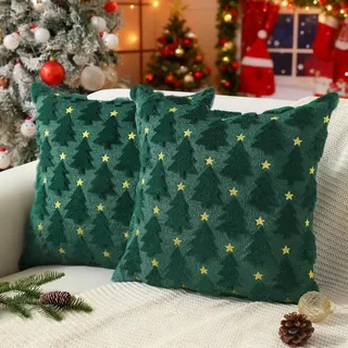 Weihnachtskissenbezug 45x45cm, 2er-set, Stern-weihnachtsbaum-dekorationskissenbezüge, Plüsch-sofakissenbezüge Für Wohnzimmer, Schlafzimmer, Stuhl, Sofa, Bettdekoration (grün)