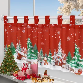 Alishomtll Scheibengardine Weihnachten Gardine 45x120 cm Schnee Weiß Rot | Romantisch Bistrogardine Hanging Curtain, Vorhänge mit Schlaufen, kurz Weihnachtsgardinen für Küche Kinderzimmer