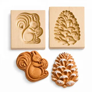 Sukizifa Tannenzapfen Keksstempel, 2 Holzformen mit Eichhörnchenmotiv | Spekulatius-Backform aus Holz, 3D geschnitzt, für Plätzchen im Herbst und zu Weihnachten, 2 Keksformen