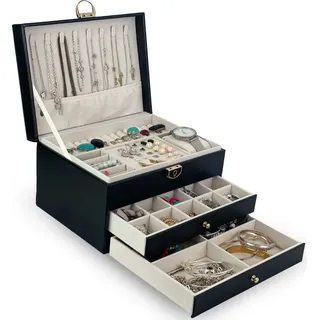Schmuckkästchen Schmuckbox BESTIF Schmuckkasten Groß Ketten Kunstleder Jewellery Box (Schwarz) - Schwarz