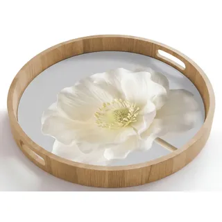 OnlyWow Tablett Rund mit Henkel Blume - Minimalistisch -Weiß, Eichenholz, (1-tlg), Servierbrett Groß, Tischdeko, Platte, Tisch Deko 50 cm x 50 cm x 5 cm