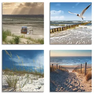 ARTLAND Wanddeko Strandbilder Leinwand Bilder Set 4 tlg. je 30x30 cm Quadratisch Wandbilder Landschaft Strand Natur Ostsee Sand Düne Gräser K2VB