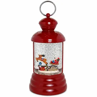 MIJOMA weihnachtliche LED Laterne Schneekugel aus Glas – Ausführung Weihnachtsmann mit Rentier, warmweißes Licht mit Schneewirbel
