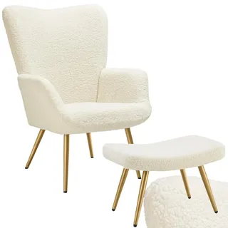 tectake® Skandinavischer Stil Ohrensessel, Sessel Hygge mit Hocker, Breitcordbezug, Sessel Wohnzimmer, Schlafzimmer, Esszimmerstuhl, Statement Loungesessel, belastbar bis 150 kg - Bouclé Creme/Gold
