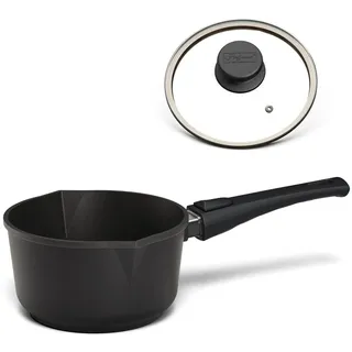 Hoffmann Germany Milchtopf STONIQ Stieltopf 2 Ausgießer PFAS-frei Ø 18 cm – Made in Germany, Aluguss (Set, 2-tlg., 1x Milchtopf Ø 18 cm + 1x Glasdeckel), Kasserolle, IQ-SHIELD Antihaft, 1,6 l, backofenfest 300°C schwarz