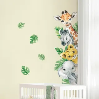 Tanlaby Wandtattoo Tiere Dschungel Türaufkleber Safari Tiere Wandsticker | Giraffe Elefant Grüne Blätter Wandaufkleber für Kinder Junge Mädchen Babyzimmer Wohnzimmer Schlafzimmer Wanddeko