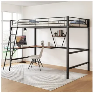 MODFU Metallbett Hochbett mit Schreibtisch (mit L-förmigem Schreibtisch und einem Regal, 90x200cm), ohne Matratze schwarz