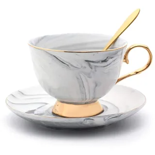 Suszian Kaffeetassen, Keramik Kaffeetassen Set, Marmor Kaffeetassen Set Keramik Tee Milch Teetasse Untertasse Löffel für Kaffee Tee Wasser
