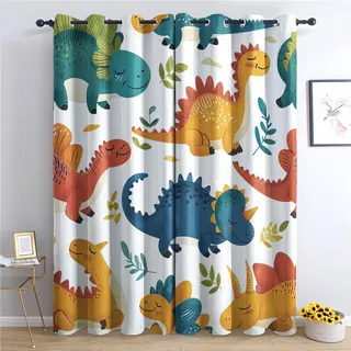 Generisch Bunte Dino Tiere Vorhang, Dino Gardinen,2er Set Verdunkelungsvorhang, Cartoon Dino Vorhänge, Wohnzimmer Kinderzimmer Schlafzimmer Thermovorhang Schallschutz Blickdichte vorhänge, 170x200 cm