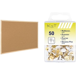 Raylu Paper® - Natürliche Korkplatte mit Rahmen aus Kiefernholz, Pinnwand mit Montageset. (60 x 40 cm) & TSI 48088 Reißnägel 50er Packung, weiß, 10mm