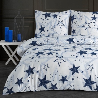 Buymax Bettwäsche 155x220 Baumwolle 2-Teilig Bettgarnitur mit Bettbezug und Kissenbezug 80x80 Renforce Bettwäsche-Set Stern-Muster Sternenhimmel Sterne Stars, Blau Weiß