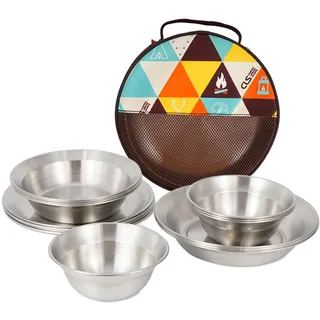 16-teiliges Camping-Essgeschirr-Set aus Edelstahl, Familienpackung mit Schüsseln, Tellern, Schalen und Tragetasche. Leichtes Paket, ideal für Camping, Wandern, Picknicks und Reisen